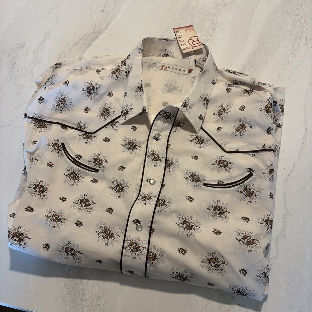 Roper Border Western Shirt Men's Beige Brown Botanical Design Cotton NWT 3XL - Picture 11 of 13